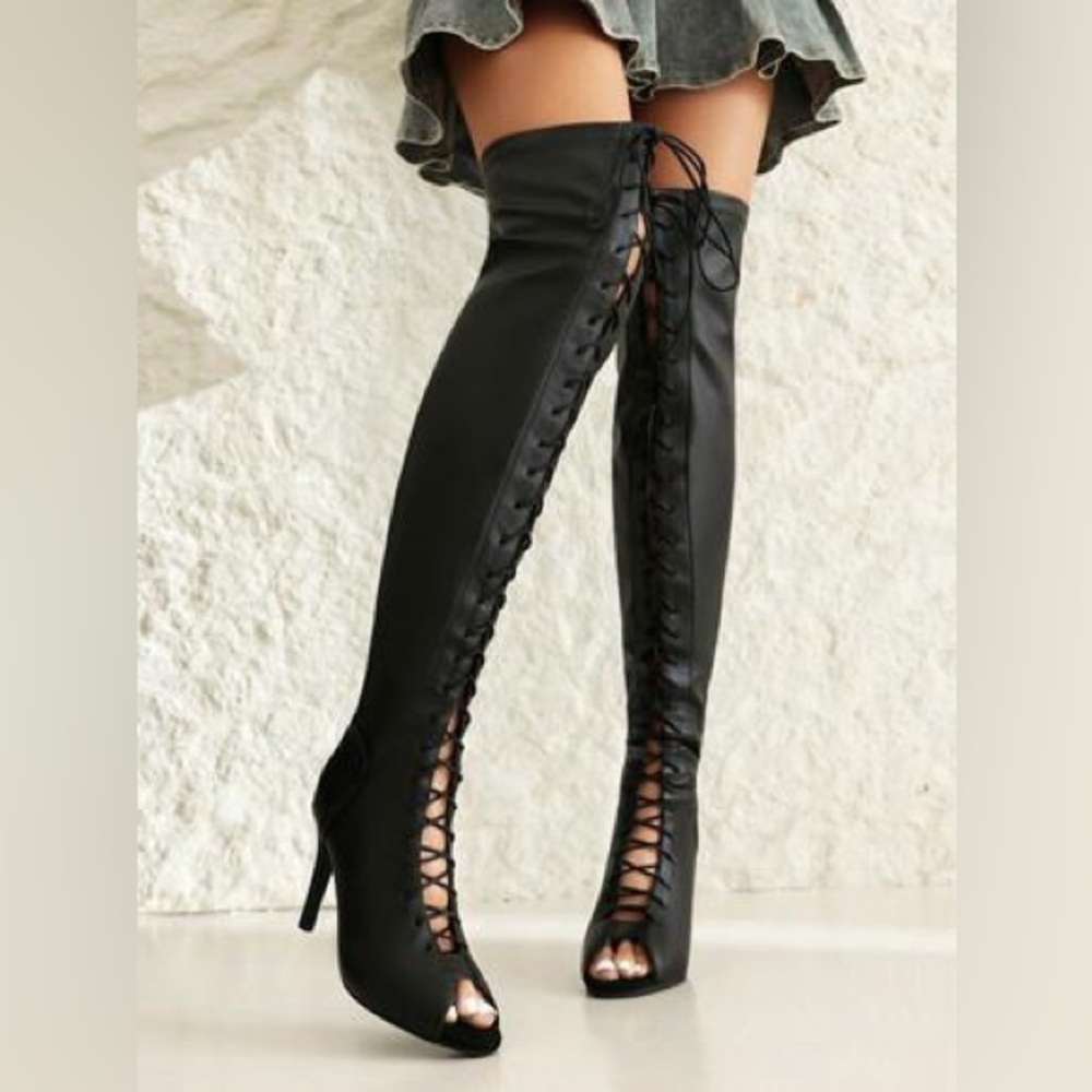 Black Lace-Up Thigh-High Boots (new w/o tags)
